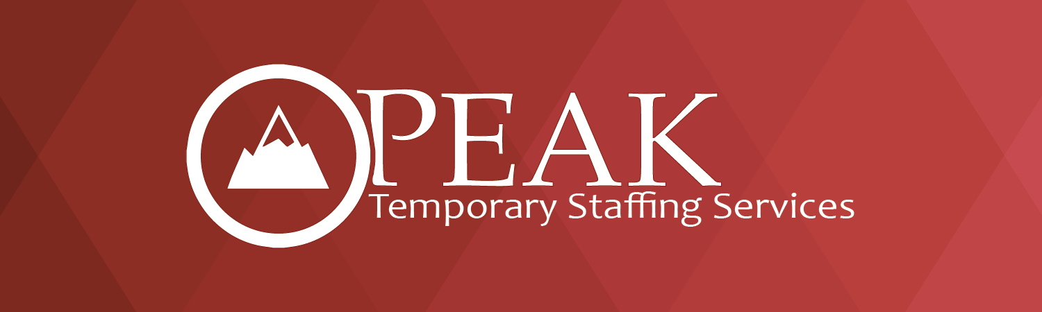 Red background with PEAK logo. Text says: Peak Temporary Staffing Services